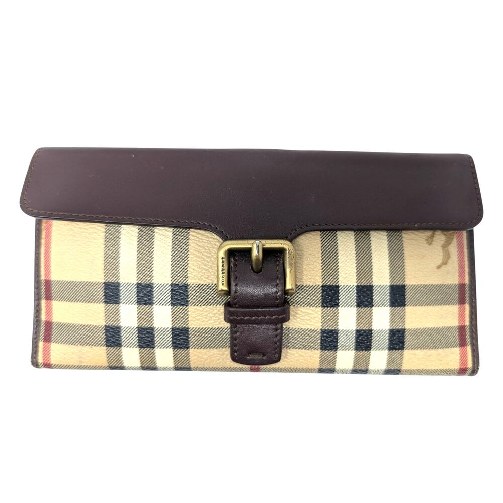 Burberry Haymarket Check Bifold Wallet Brown Leather Gold‎ Buckle